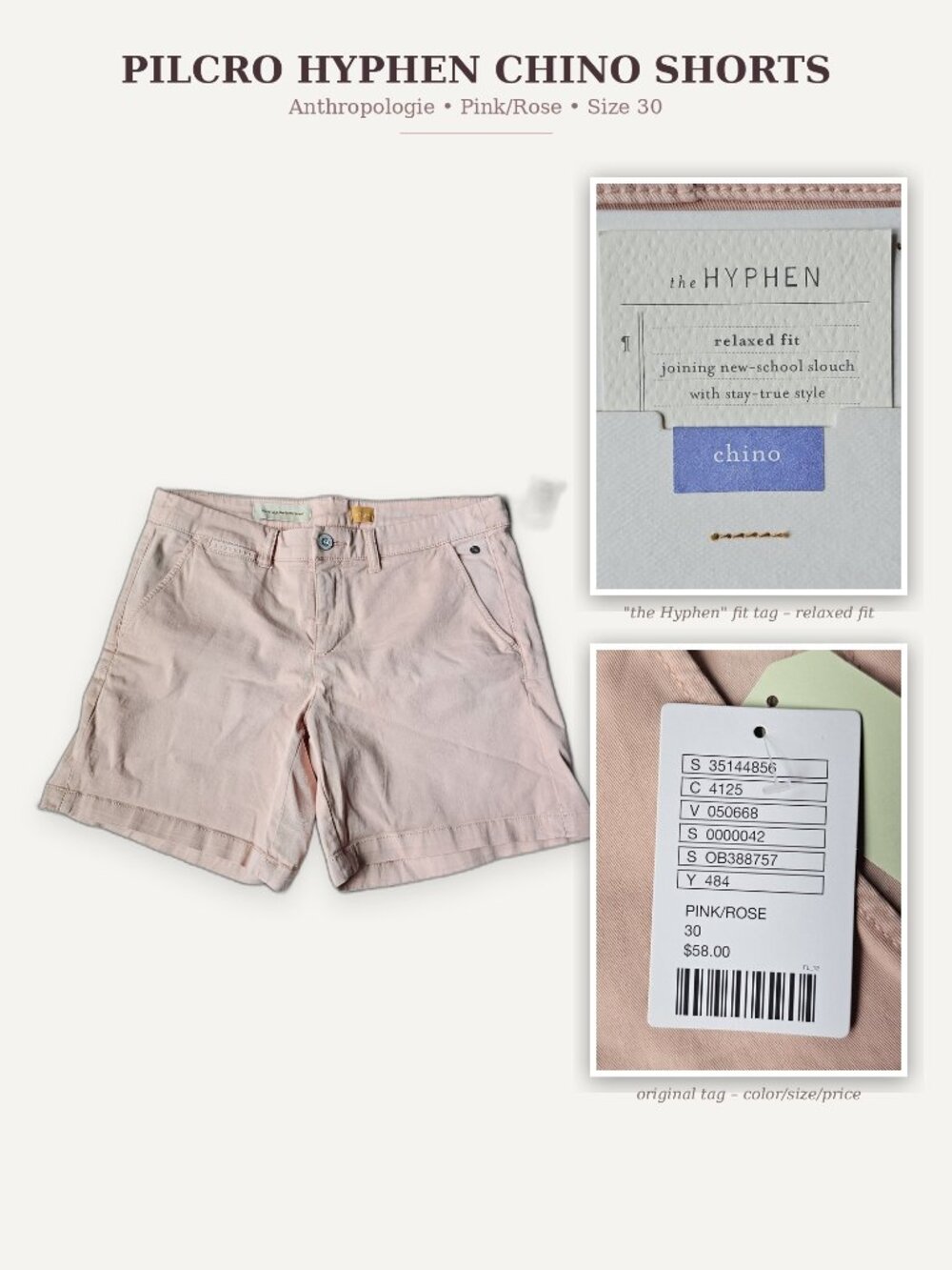NWT Pilcro and the Letterpress Hyphen Relaxed Fit Chino Shorts Blush No. 30